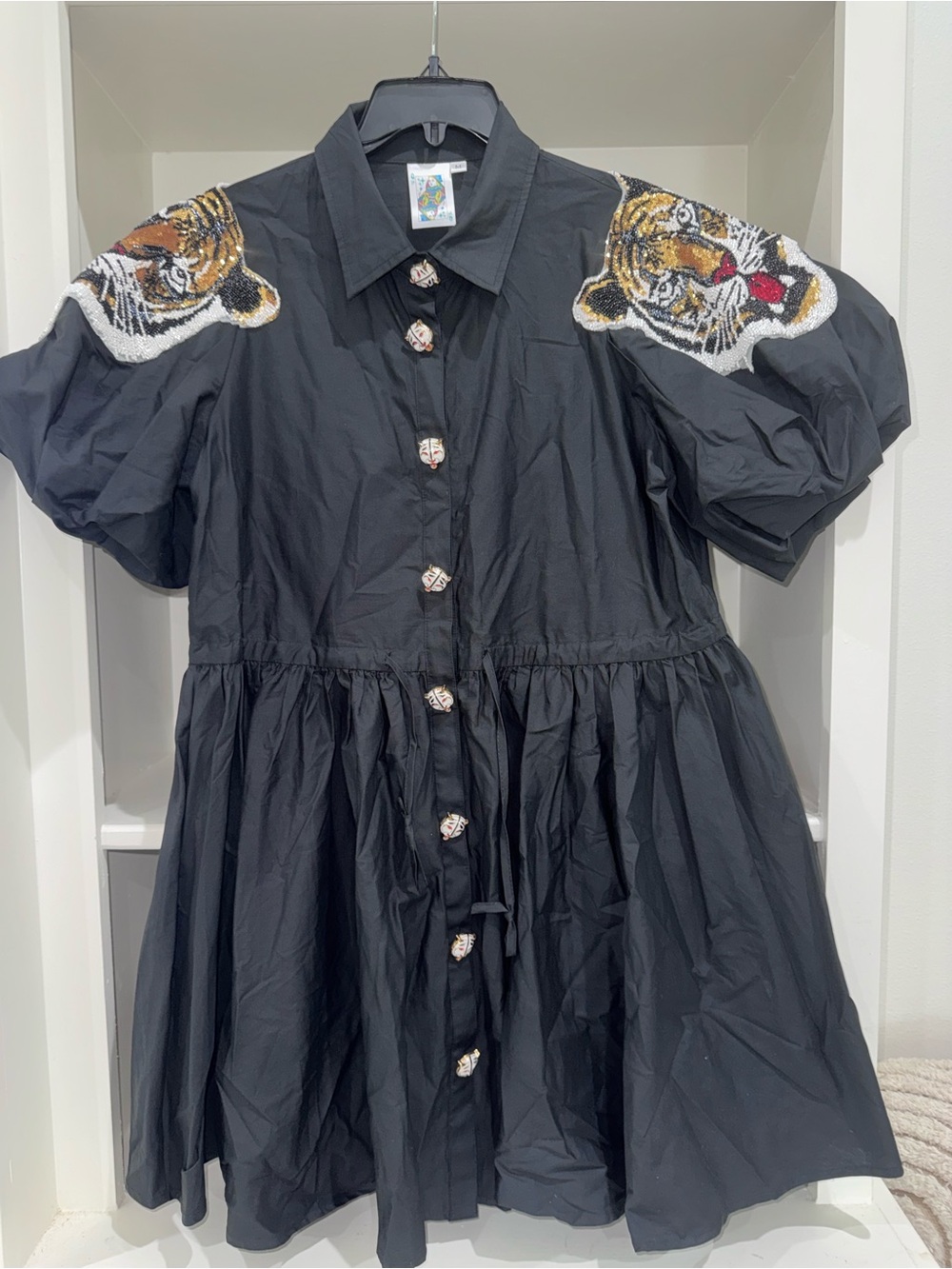 QUEEN OF SPARKLES Black Puff-Sleeve Tiger Appliqué Dress